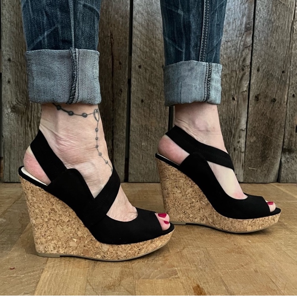 Audrey Brooke, Kate Black Slingback Wedge Peep Toe Sandal, Size 8